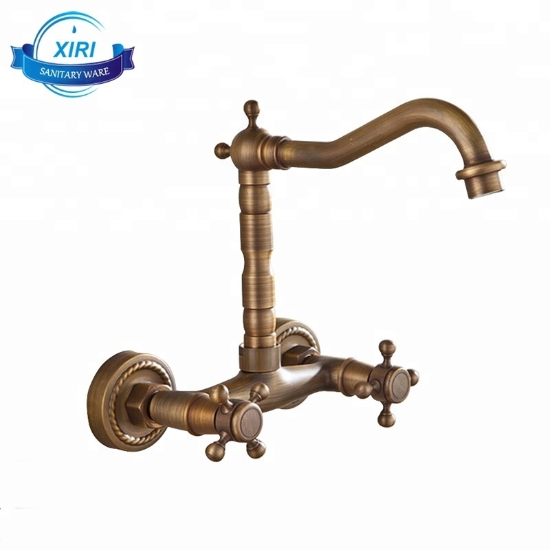 China Antique Brass Wall Mounted Kitchen Sink Taps Two Handle Bathroom and Kitchen Faucet 8118