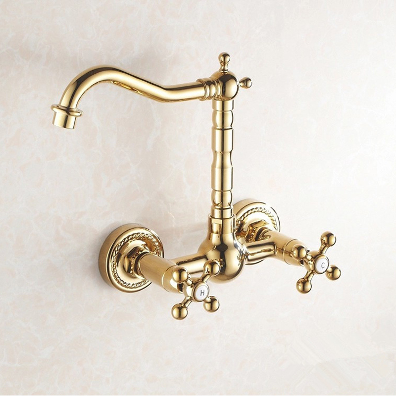 Wall Mounted Kitchen Faucet Golden Brass Wash Basin Mixer Tap Double Handle XR-Y583