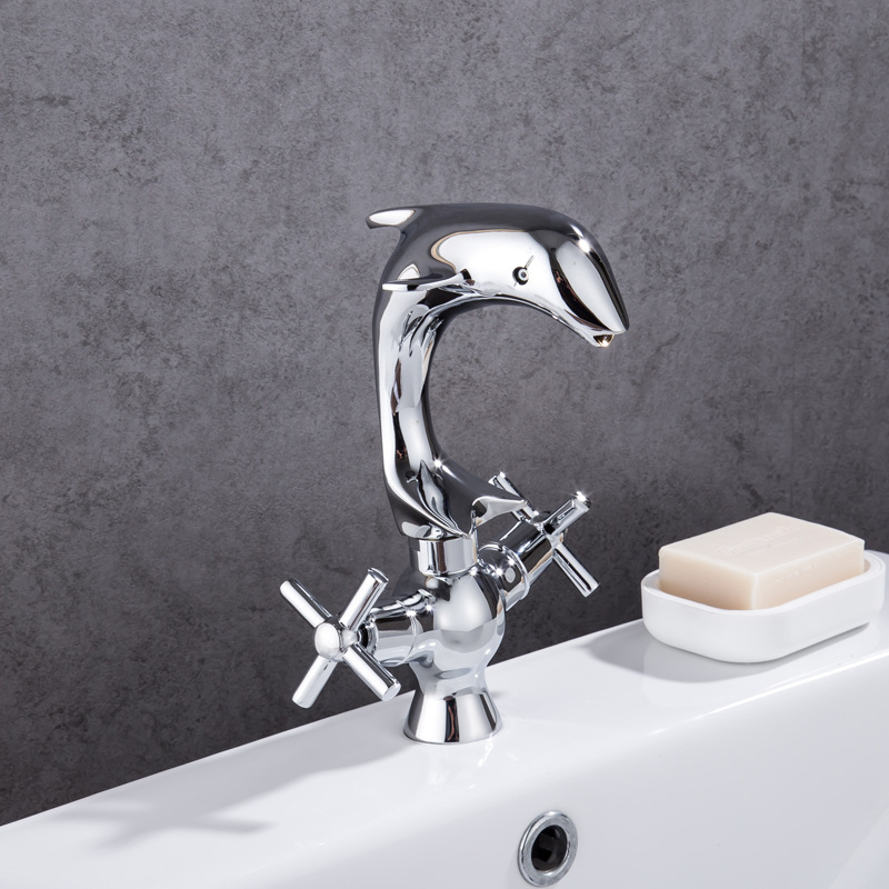 Creative Dolphin Shape Design Brass Two Handle Chrome Bathroom Sink Faucet Mixers Deck Mounted Basin Water Tap CF1025