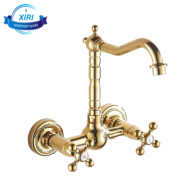 Wall Mounted Kitchen Faucet Golden Brass Wash Basin Mixer Tap Double Handle XR-Y583