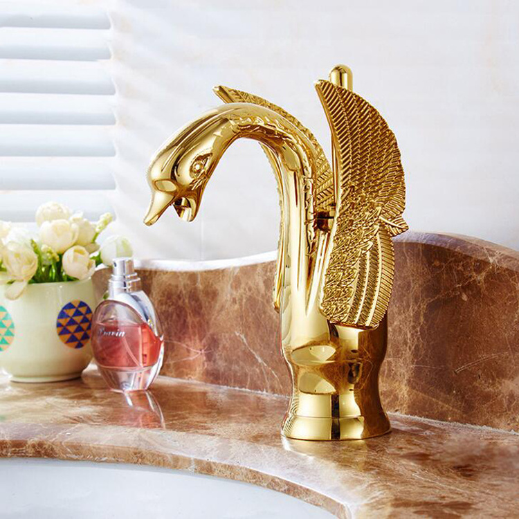 Gold Swan Shape faucets for bathroom deck-mounted taps Golden single hole basin faucets 1052