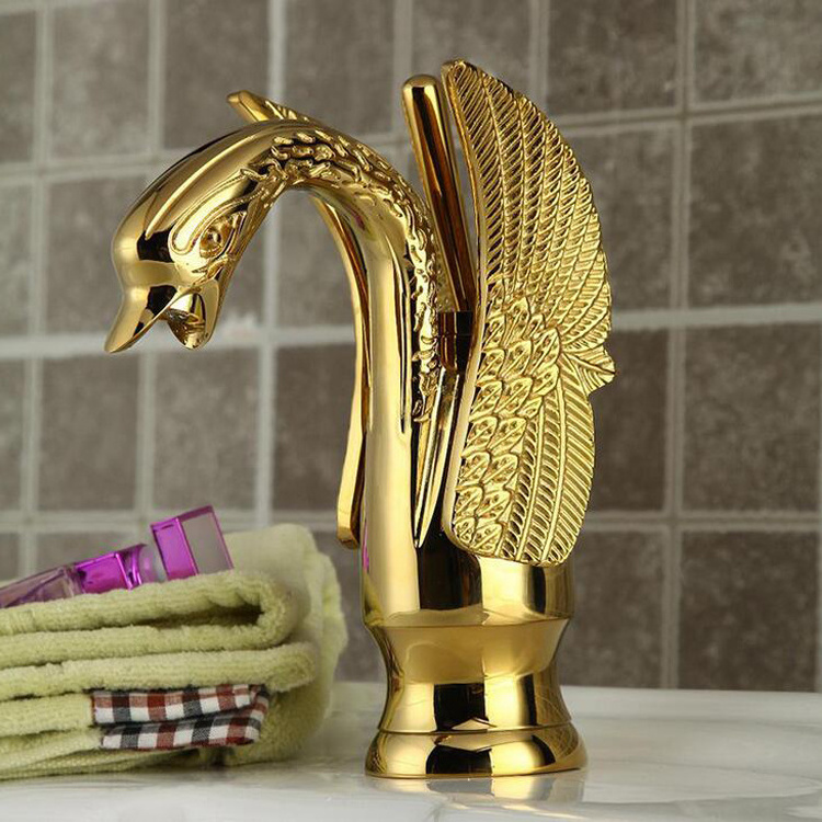 Gold Swan Shape faucets for bathroom deck-mounted taps Golden single hole basin faucets 1052