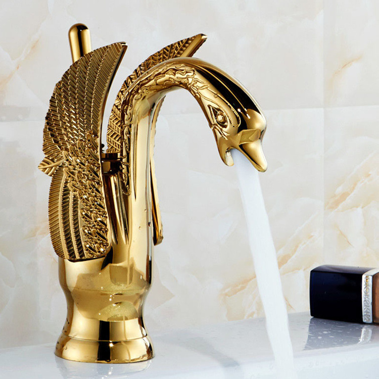 Gold Swan Shape faucets for bathroom deck-mounted taps Golden single hole basin faucets 1052