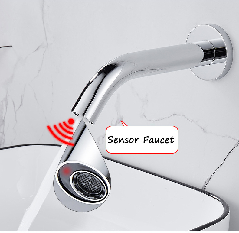 Wall Mount Infrared Sensor Faucet Touch Free Single Cold Bathroom Faucet DC Powered, Chrome Color Wall Faucet 8856