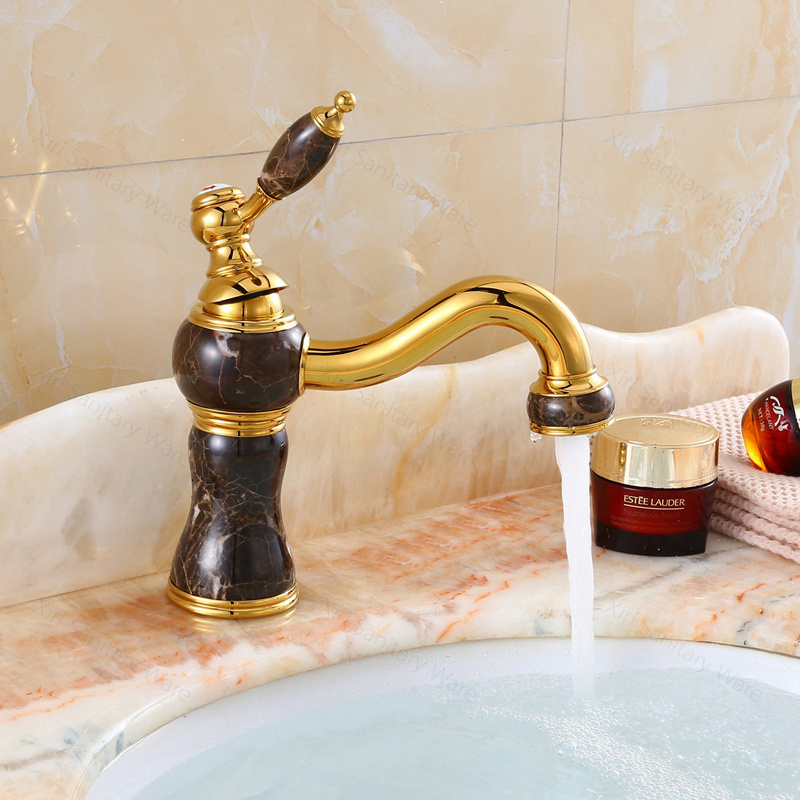 Luxury fashionable solid brass golden bathroom basin faucet with black jade gold stone water faucet