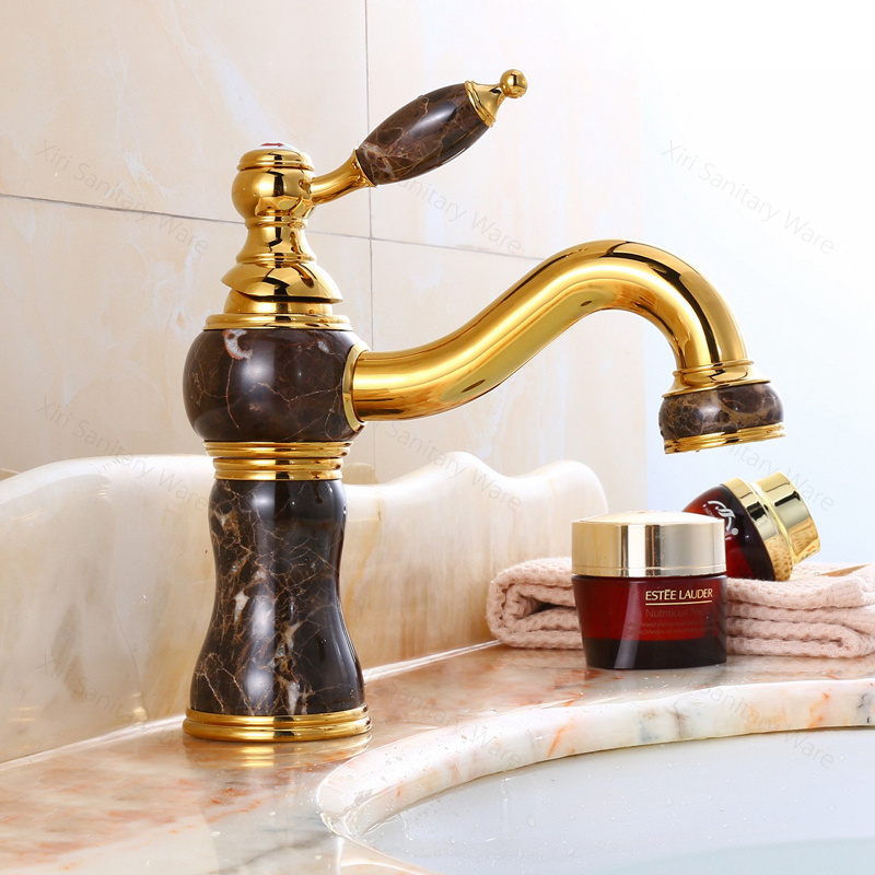 Luxury fashionable solid brass golden bathroom basin faucet with black jade gold stone water faucet