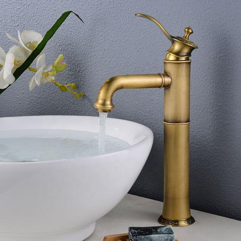 Antique Brass Waterfall Faucet Bathroom Sink High Bamboo Mixer Hot & Cold Water Tap Single Hole Vintage Basin Faucet XiRi-8843