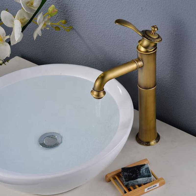 Antique Brass Waterfall Faucet Bathroom Sink High Bamboo Mixer Hot & Cold Water Tap Single Hole Vintage Basin Faucet XiRi-8843