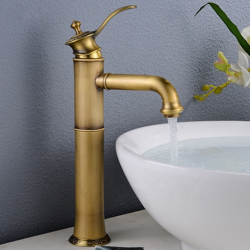 Antique Brass Waterfall Faucet Bathroom Sink High Bamboo Mixer Hot & Cold Water Tap Single Hole Vintage Basin Faucet XiRi-8843