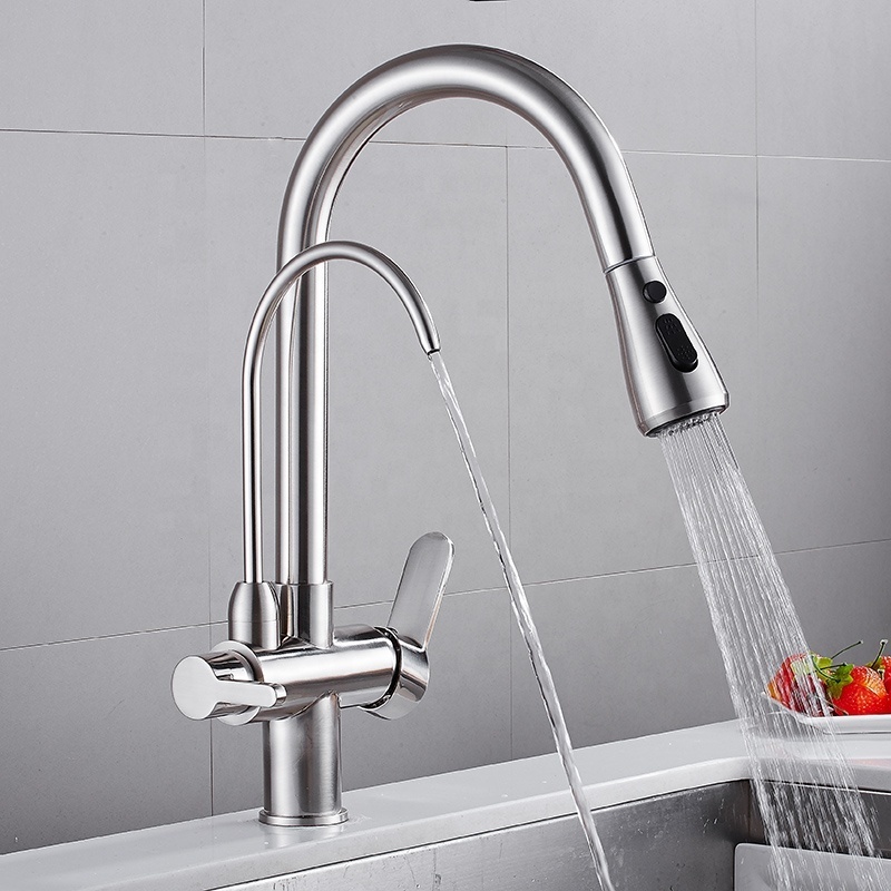 Artistic brass dual handle kitchen faucet taps nickel brushed 3 way kitchen pull out faucet