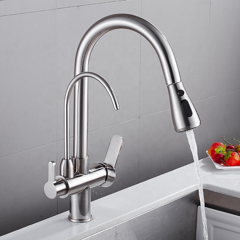 Artistic brass dual handle kitchen faucet taps nickel brushed 3 way kitchen pull out faucet