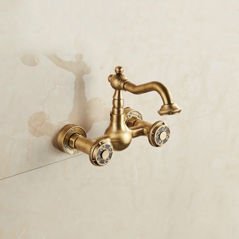 Good Quality Solid Brass Wall Mounted Dual Handle Bathroom Sink Faucets Bronze Lavatory Basin Faucet