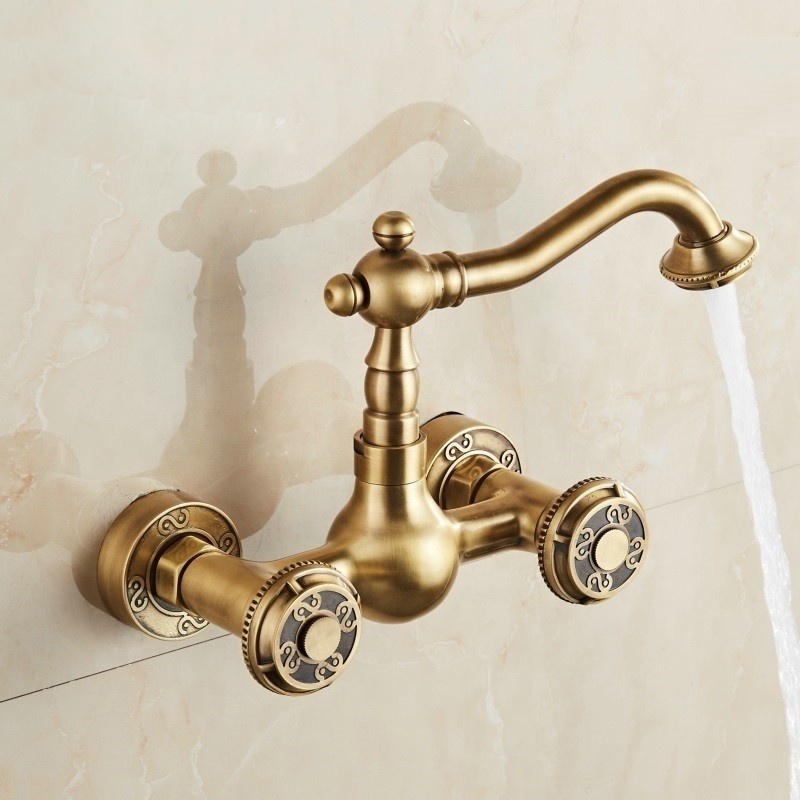 Good Quality Solid Brass Wall Mounted Dual Handle Bathroom Sink Faucets Bronze Lavatory Basin Faucet