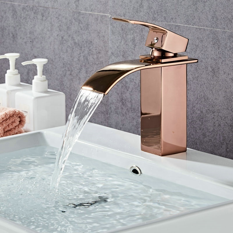 Modern Deck Mount Single Hole Brass Rose Gold Waterfall Bathroom Sink Mixer Taps Golden Basin Faucets RF423