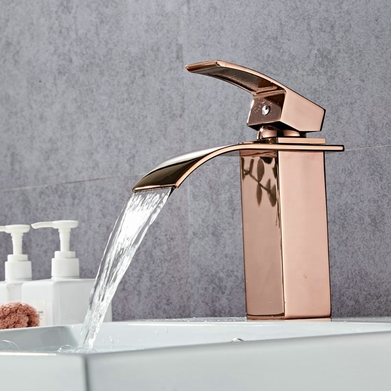 Modern Deck Mount Single Hole Brass Rose Gold Waterfall Bathroom Sink Mixer Taps Golden Basin Faucets RF423