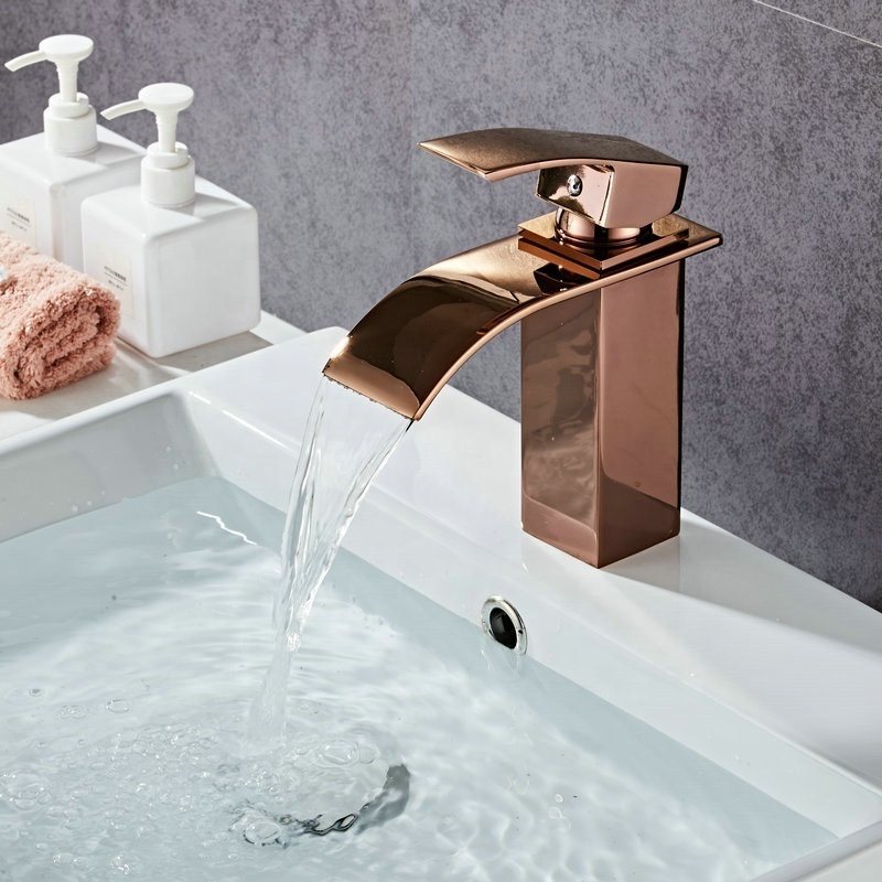 Modern Deck Mount Single Hole Brass Rose Gold Waterfall Bathroom Sink Mixer Taps Golden Basin Faucets RF423