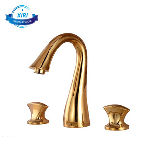 Gold 3 Holes Double Handle Faucet Brass Finished Deck Mounted Sink Basin Mixer Tap Water Faucets XiRi-8804 For Bathroom