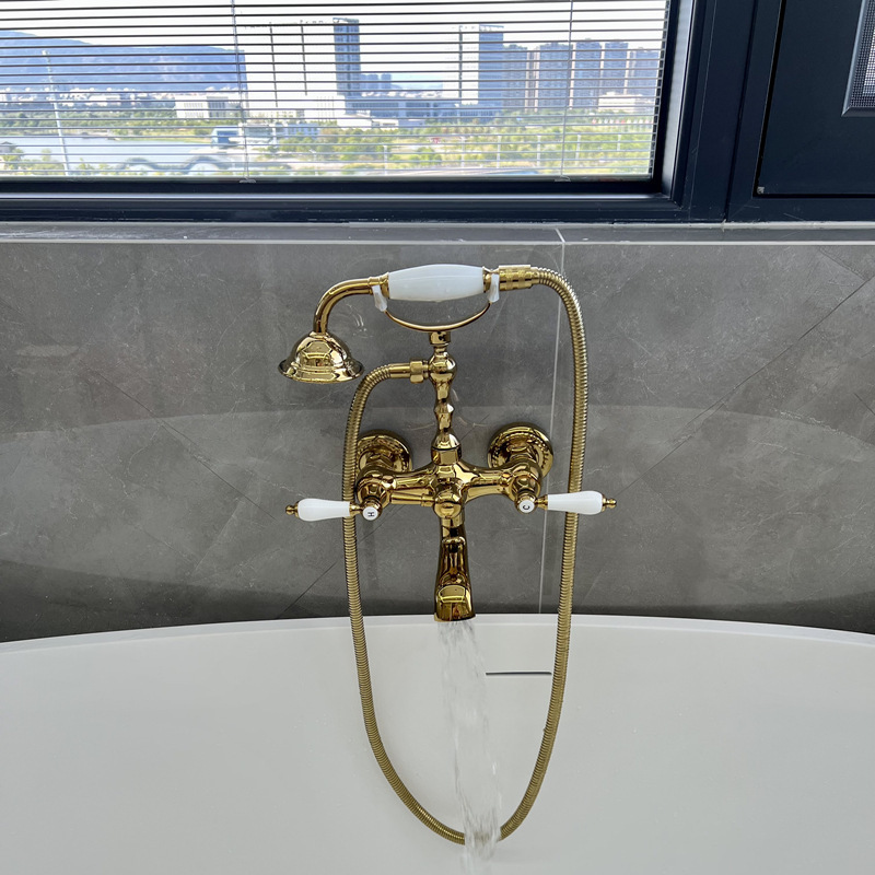 Vintage Copper Gold Bath Faucet Shower Set Double Handle Telephone Hot and Cold Faucet XR6092