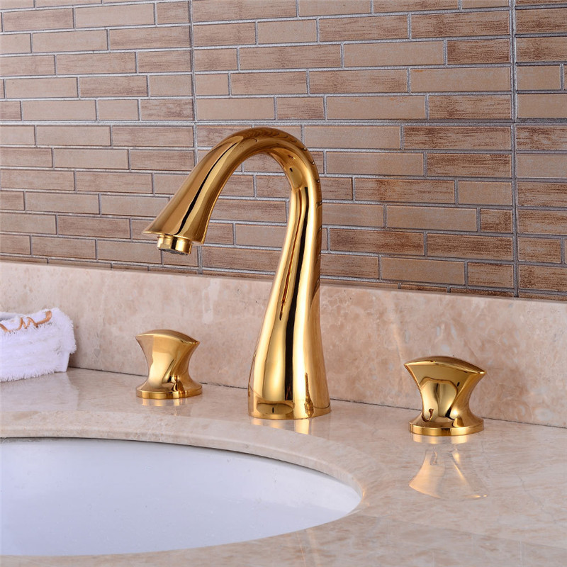 Gold 3 Holes Double Handle Faucet Brass Finished Deck Mounted Sink Basin Mixer Tap Water Faucets XiRi-8804 For Bathroom