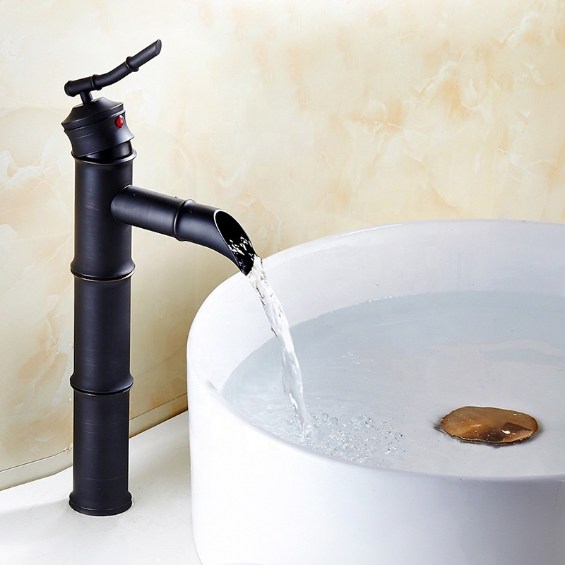 Basin Water Tap Mixer Classic European Style Antique Black Bamboo Design Brass Bathroom Sink Faucet Economic Waterfall 8023B