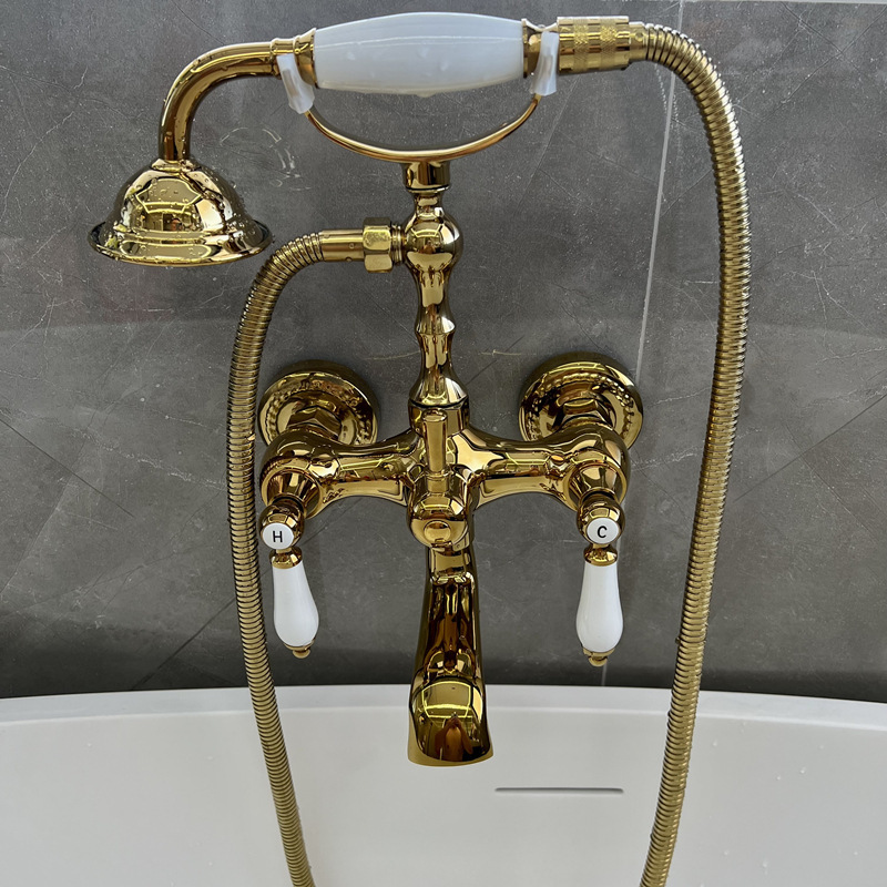 Vintage Copper Gold Bath Faucet Shower Set Double Handle Telephone Hot and Cold Faucet XR6092