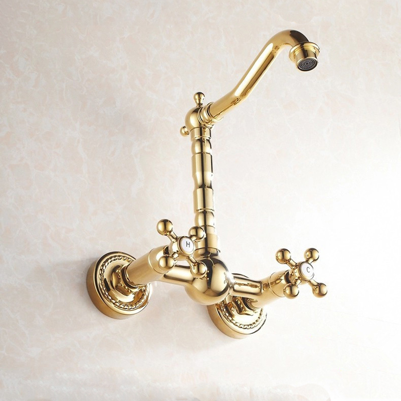 Wall Mounted Kitchen Faucet Golden Brass Wash Basin Mixer Tap Double Handle XR-Y583