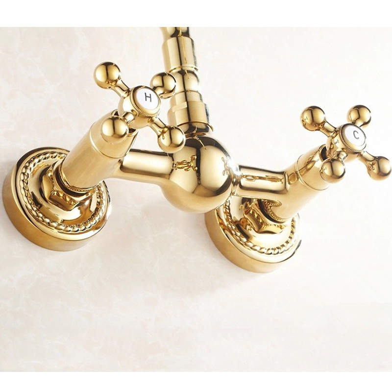 Wall Mounted Kitchen Faucet Golden Brass Wash Basin Mixer Tap Double Handle XR-Y583