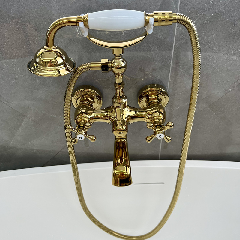 Vintage Copper Gold Bath Faucet Shower Set Double Handle Telephone Hot and Cold Faucet XR6092