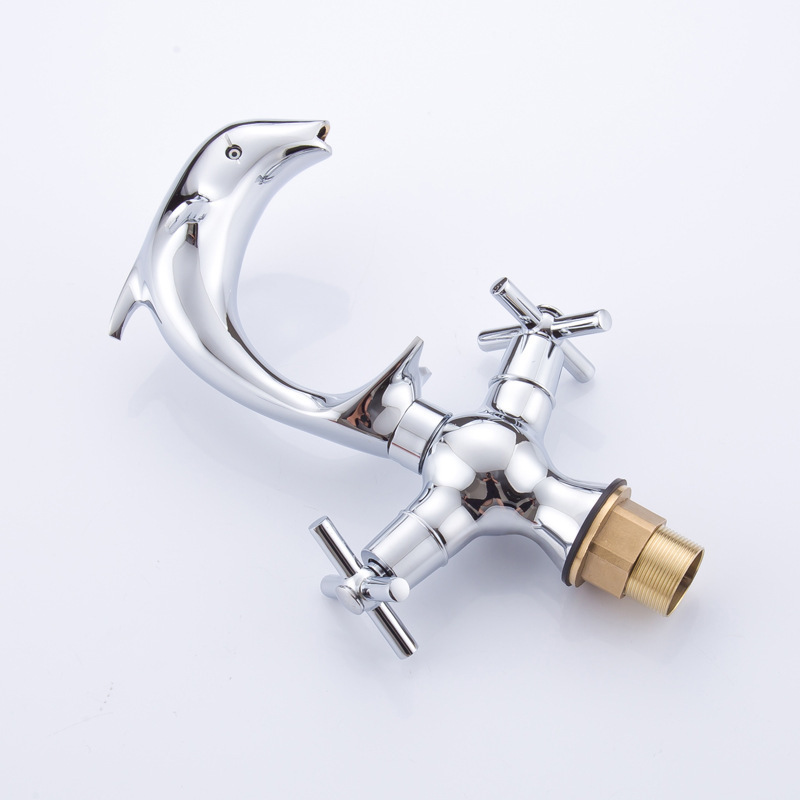 Creative Dolphin Shape Design Brass Two Handle Chrome Bathroom Sink Faucet Mixers Deck Mounted Basin Water Tap CF1025