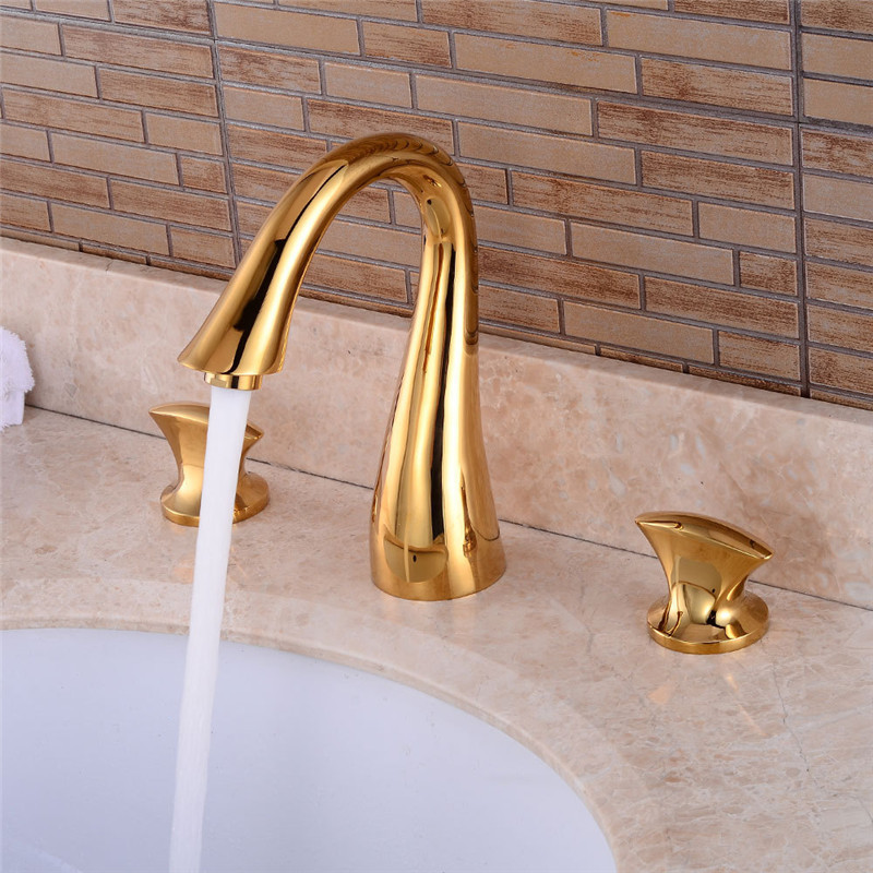 Gold 3 Holes Double Handle Faucet Brass Finished Deck Mounted Sink Basin Mixer Tap Water Faucets XiRi-8804 For Bathroom