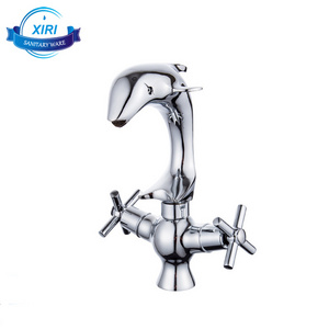 Creative Dolphin Shape Design Brass Two Handle Chrome Bathroom Sink Faucet Mixers Deck Mounted Basin Water Tap CF1025