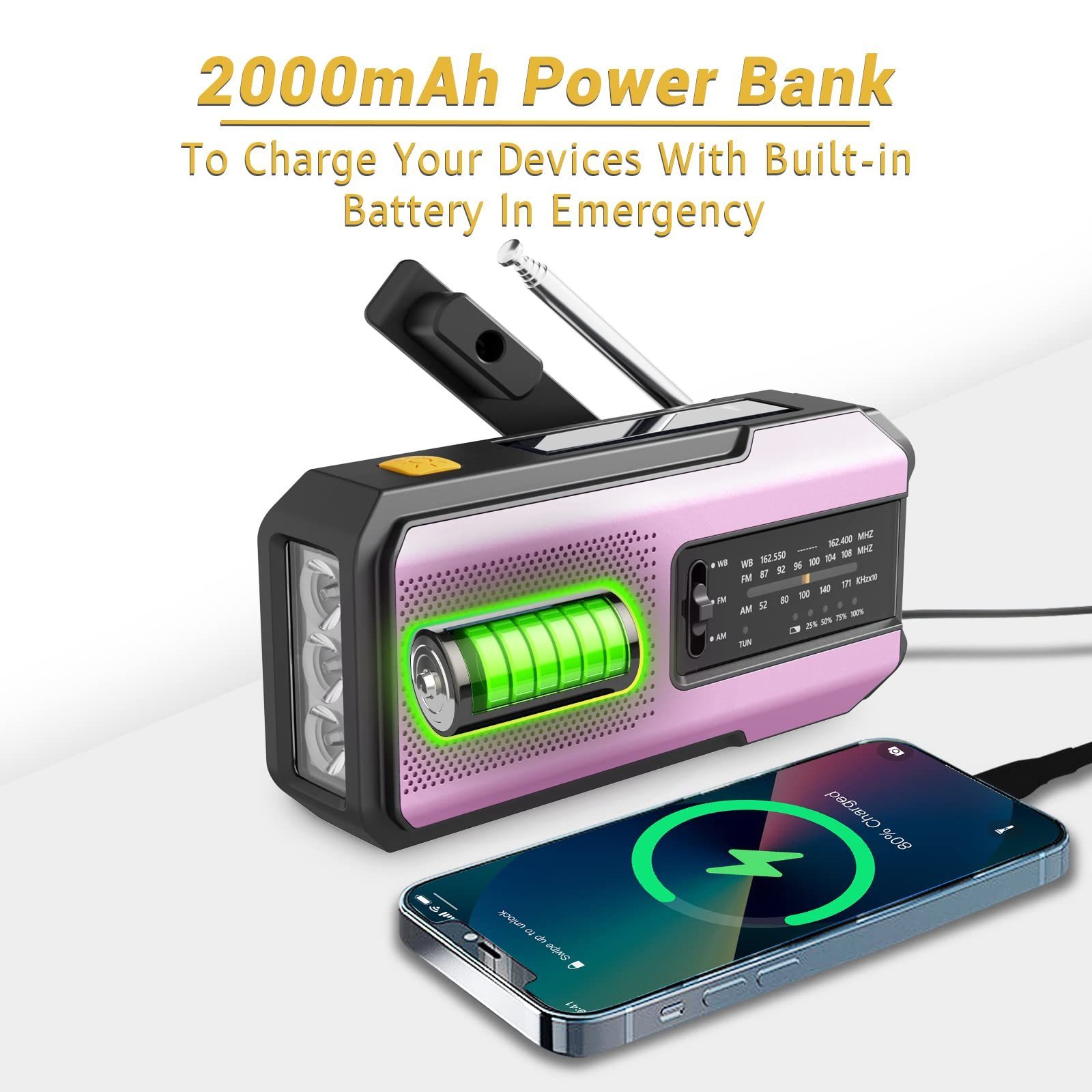 Hand Crank Self Powered Solar Emergency Radios with 3 LED Flashlight 2000mah Power Bank Smart Phone Charger