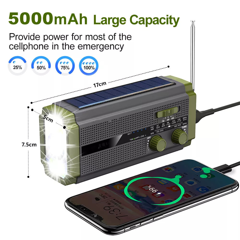 Free Sample Portable Emergency Hand Crank am fm Solar AAA batteries Radio with Flashlight & 5000mAh Phone Charging