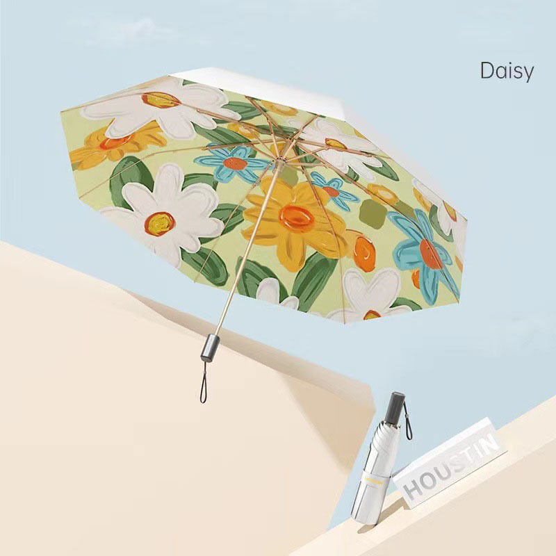 Women's Five-Fold Titanium Sier Rubber Parasol Oil Painting Fabric Sun Protection UV Umbrella for Rain Sunshine Outdoor Use