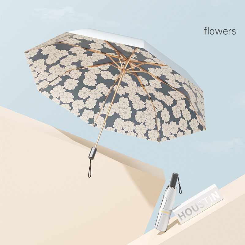 Women's Five-Fold Titanium Sier Rubber Parasol Oil Painting Fabric Sun Protection UV Umbrella for Rain Sunshine Outdoor Use