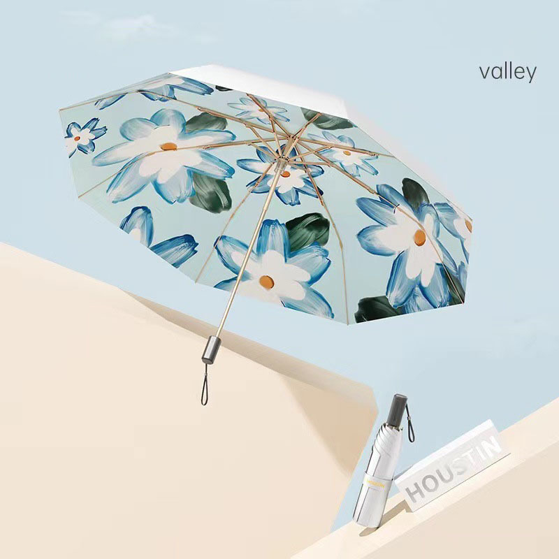 Women's Five-Fold Titanium Sier Rubber Parasol Oil Painting Fabric Sun Protection UV Umbrella for Rain Sunshine Outdoor Use