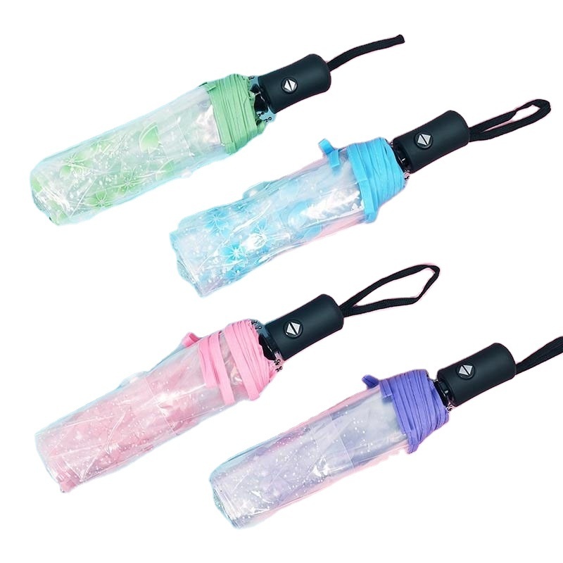 Wholesale Travel Sakura Cherry Printing Transparent 3-Folding  umbrella auto open POE clear Umbrella custom logo