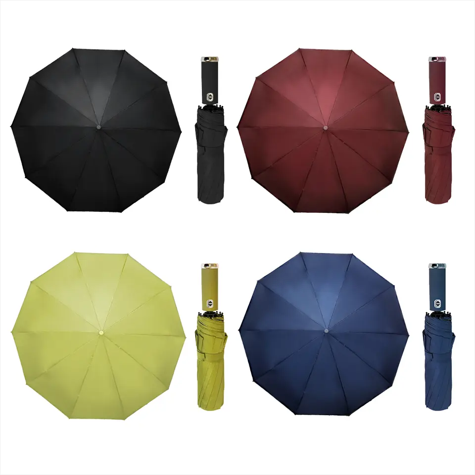 Custom Logo Color Windproof Sunshade Umbrella LED Light Factory's 3-Fold Automatic Folding Design Travel Made Pongee Material