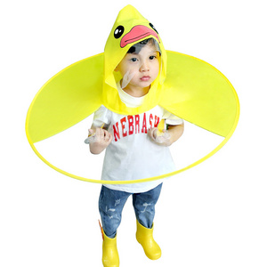 Outdoor Children's Waterproof 3D Cartoon Yellow Duck UFO Shape Raincoat & Umbrella Made of EVA with Custom Logo Decoration Girls