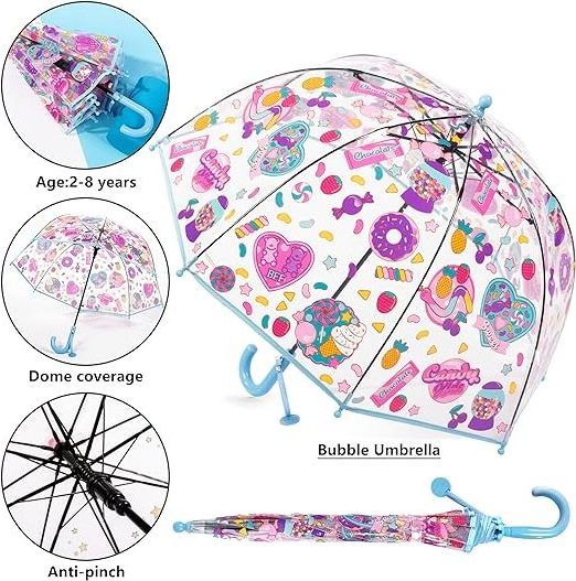 Kids Transparent Dome Bubble Umbrella Comfortable Fabric Sun Shield with Easy Grip Curved Plastic Handle for Toddler Boys Girls