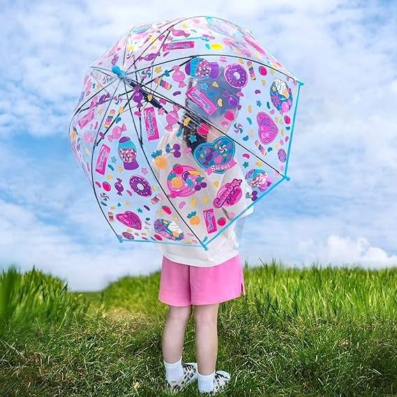 Kids Transparent Dome Bubble Umbrella Comfortable Fabric Sun Shield with Easy Grip Curved Plastic Handle for Toddler Boys Girls