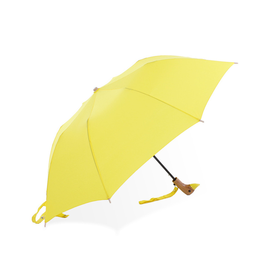 Custom 2-Fold Kids Umbrella with Multi-Color Wooden Animal Handle Yellow Bird Duck Design for Children