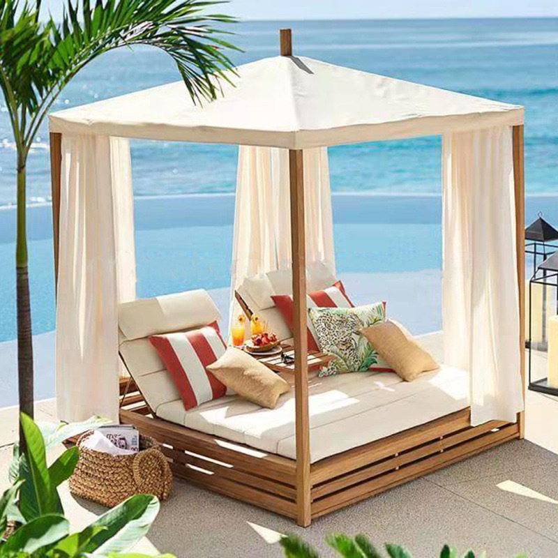 Outdoor Furniture Wicker Daybed with Curtain Beach Sun Lounger for Day Beds