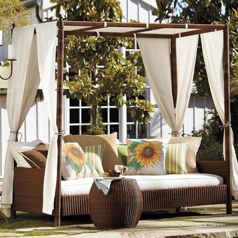 Luxury Modern Style Teak Rattan Daybed Sun Lounger Aluminum Frame Beach Garden Outdoor Furniture 1 Set Beach Bed with a Canopy