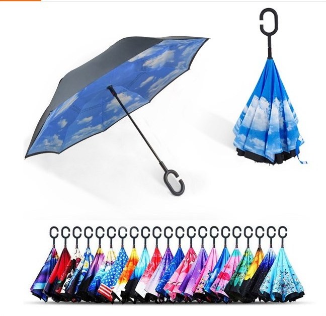 Updated Waterproof Tech & Wind Resistant Double Layer Stick Umbrella, Anti-UV Inside Out Umbrella for Car