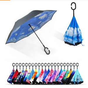 Updated Waterproof Tech & Wind Resistant Double Layer Stick Umbrella, Anti-UV Inside Out Umbrella for Car