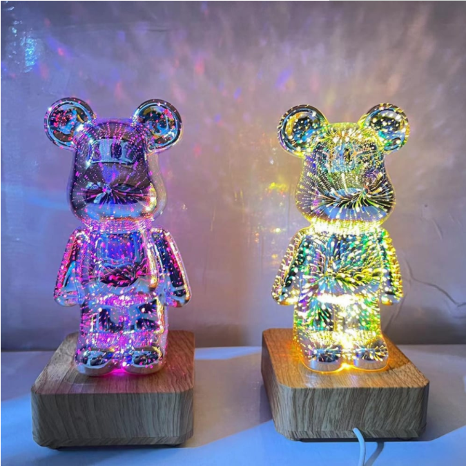 USB chargeable Custom shining 3D bear Glass Art Led Light Acrylic Plaque Night Light 7 Colors Changing For Gifts