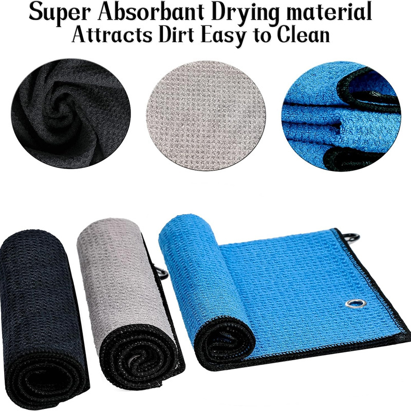 Water absorbent drying microfiber golf balls cleaning towels custom made waffle texture durable golf club towels with carabiner