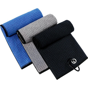 Water absorbent drying microfiber golf balls cleaning towels custom made waffle texture durable golf club towels with carabiner