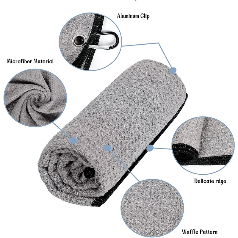 Water absorbent drying microfiber golf balls cleaning towels custom made waffle texture durable golf club towels with carabiner